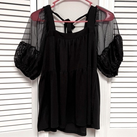 TEMPTED hearts lace puff sleeve organza baby doll top solid black size small - Picture 2 of 13